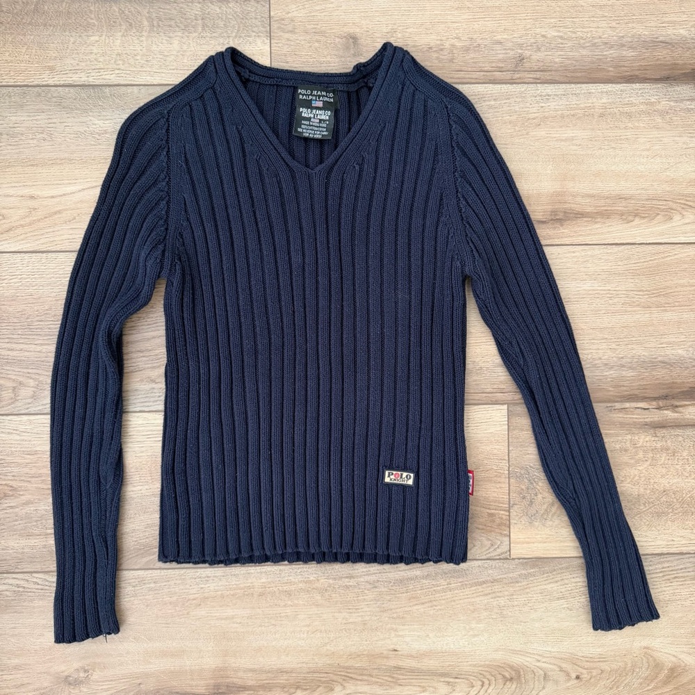 Vintage Polo Jeans Co Ralph Lauren Ribbed V Neck Sweater Navy Y2K L